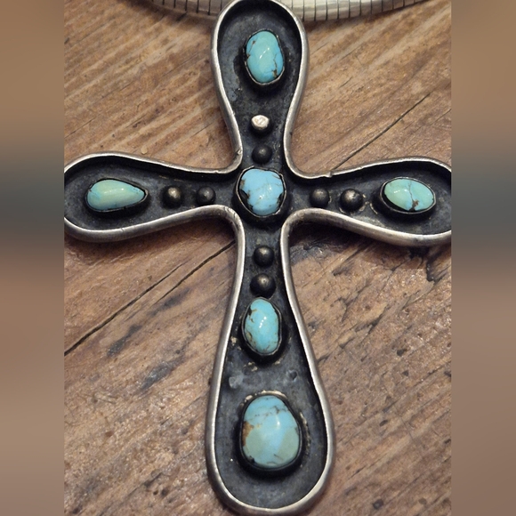 Huge Signed Navajo Sterling Turquoise Cross Pendant - Picture 3 of 10